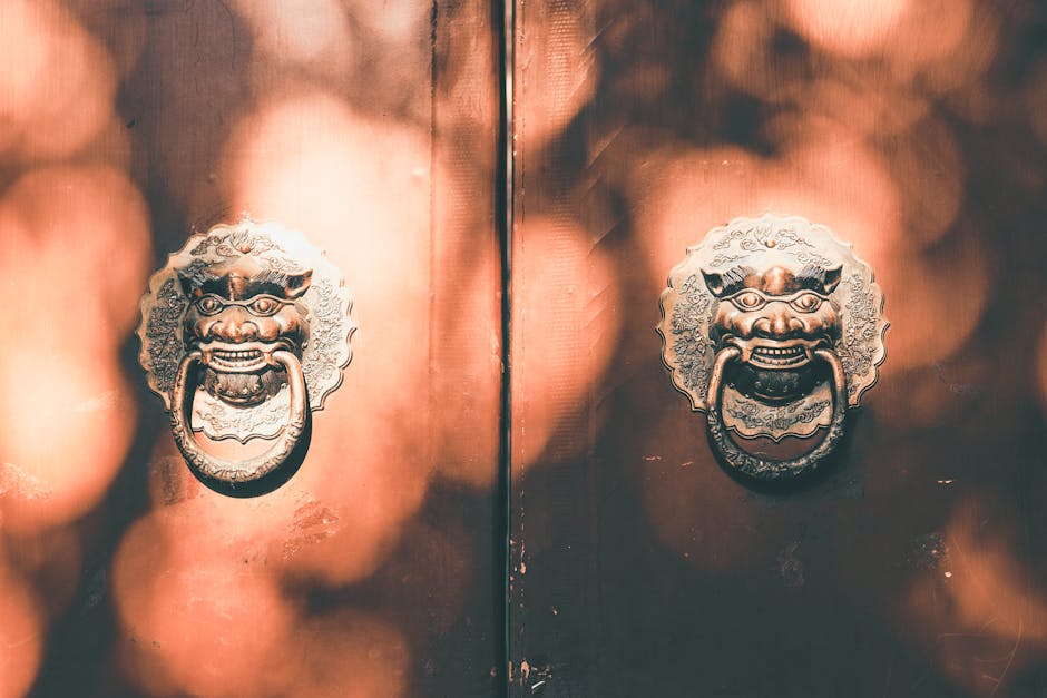 Sunlit wooden door with ornamental knockers in Beijing, showcasing cultural artistry.
